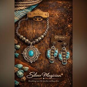 Shyanne Silver Tone Western Cactus Earrings & Southwestern Necklace-Bundle